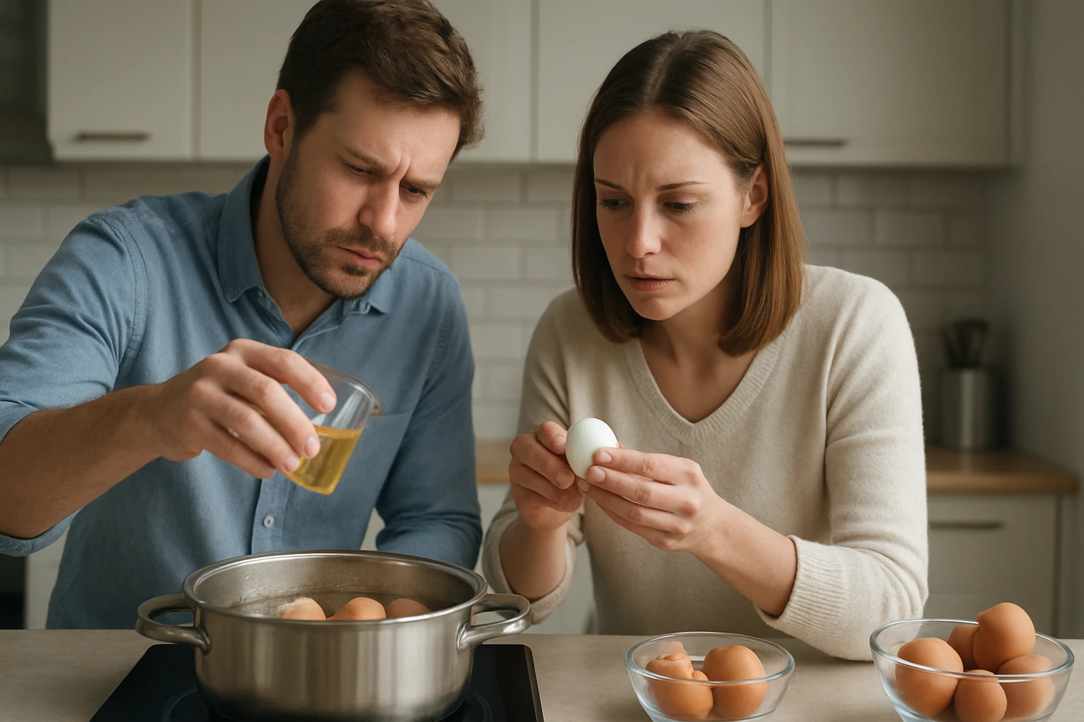 Két ember tojásfőzés közben, figyelmesen készülnek az étkezésre