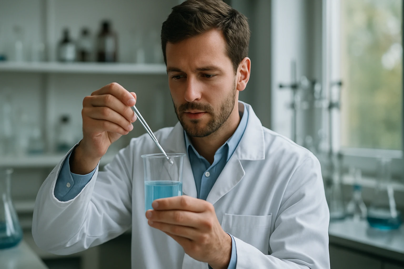 A kémikus kék oldatot vizsgál a laborban