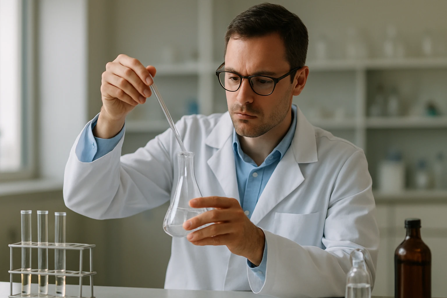 Laboratóriumi kísérlet során a Tollens-próbahoz szükséges reagensek előkészítése.