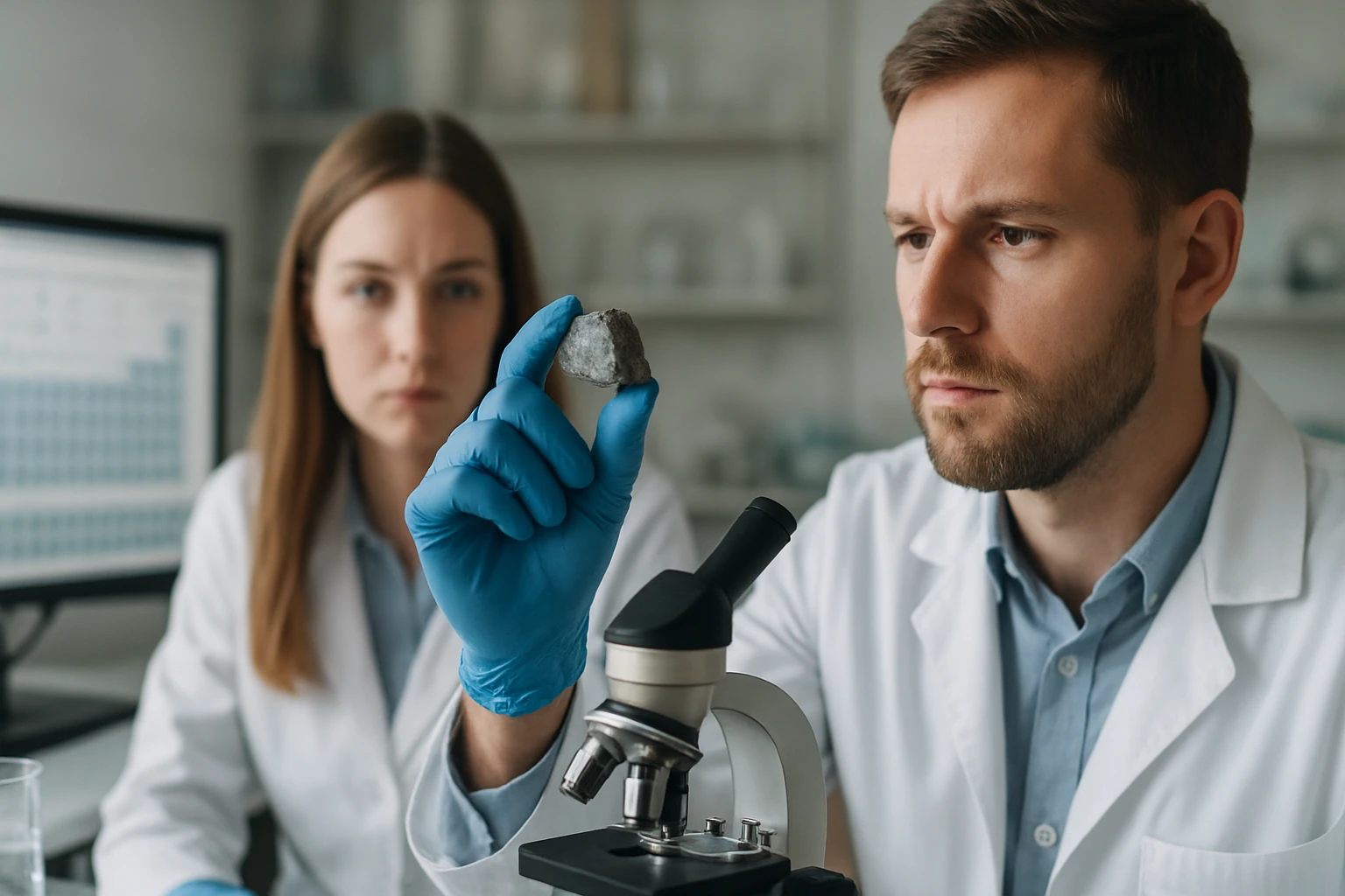 Két tudós tórium mintát vizsgál egy laboratóriumban.