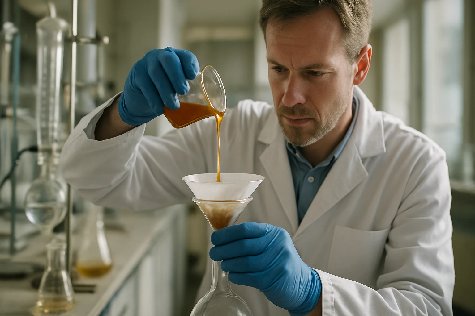 Kémiai laboratóriumi munkás tragant előkészítés során.