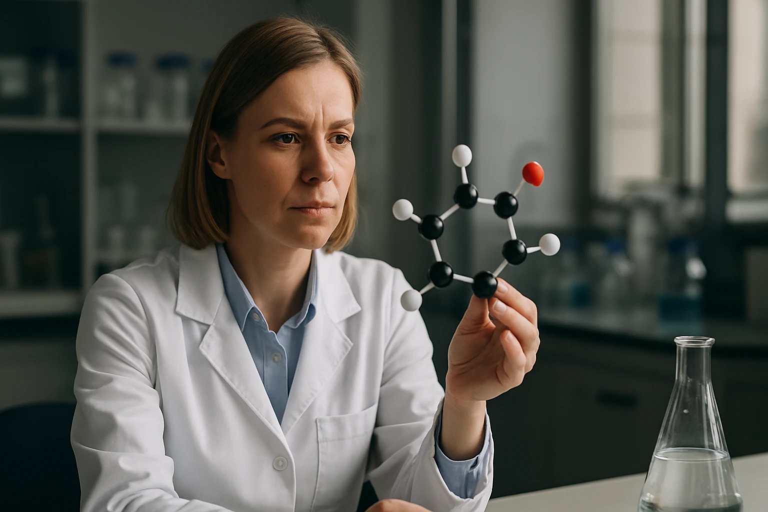 Kutató nő a transz-2-buténsav molekuláját tanulmányozza a laborban.