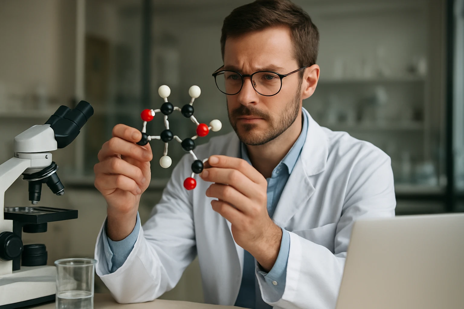 Kutató a transz-3,4,5-trihidroxisztilbén molekulát vizsgálja laboratóriumban