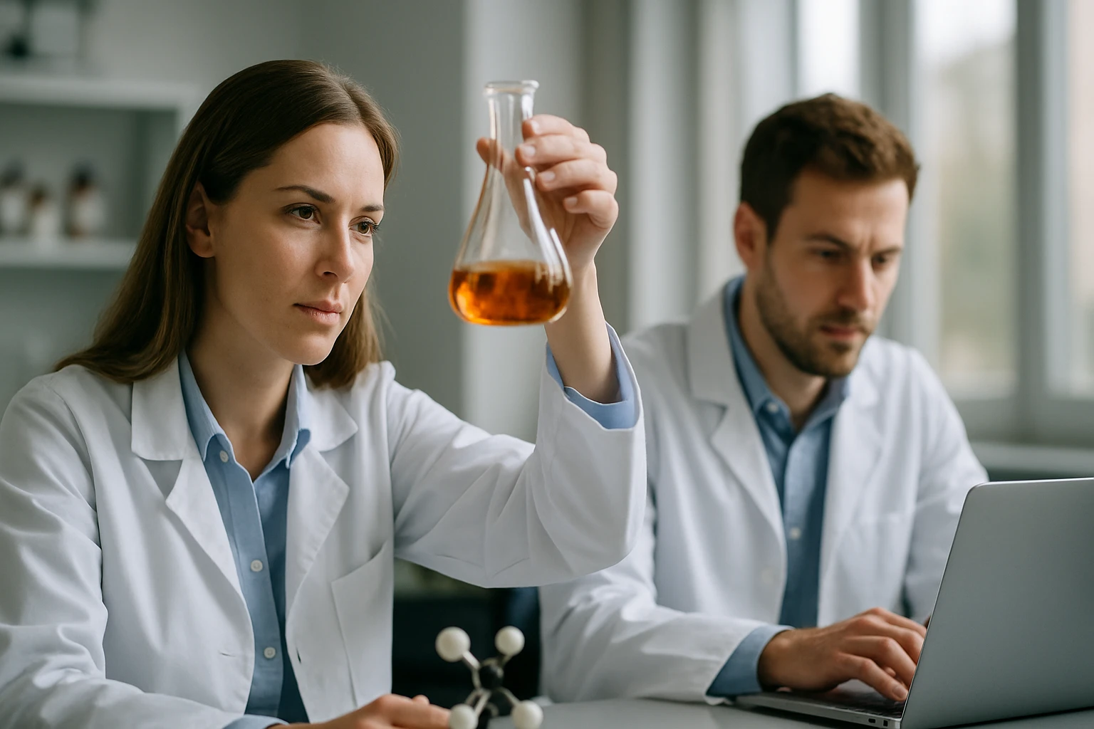 Kémikusok transz-fahéjaldehid oldatot vizsgálva laboratóriumban.