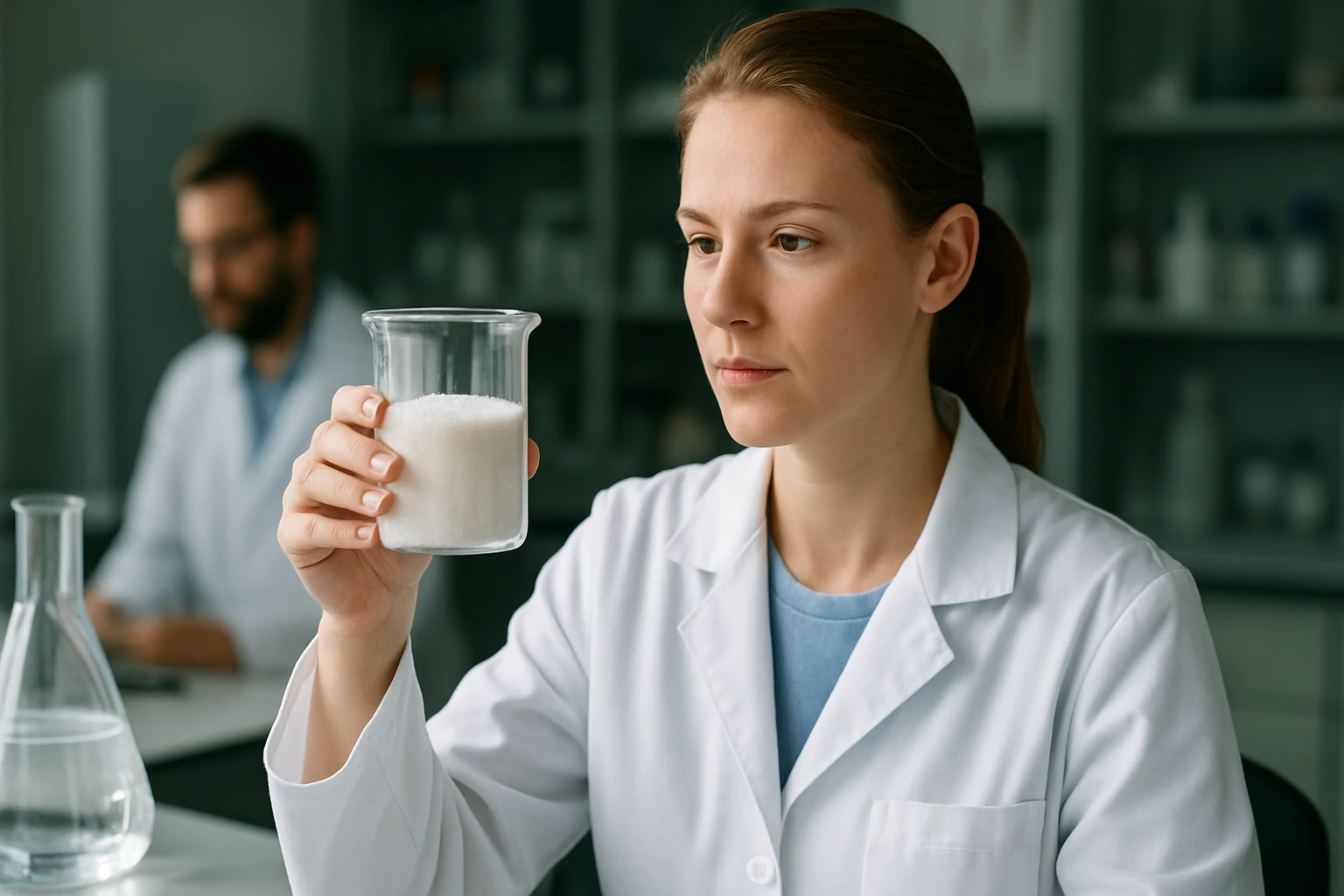 Nő laboratóriumban triammonium-foszfátot vizsgálva