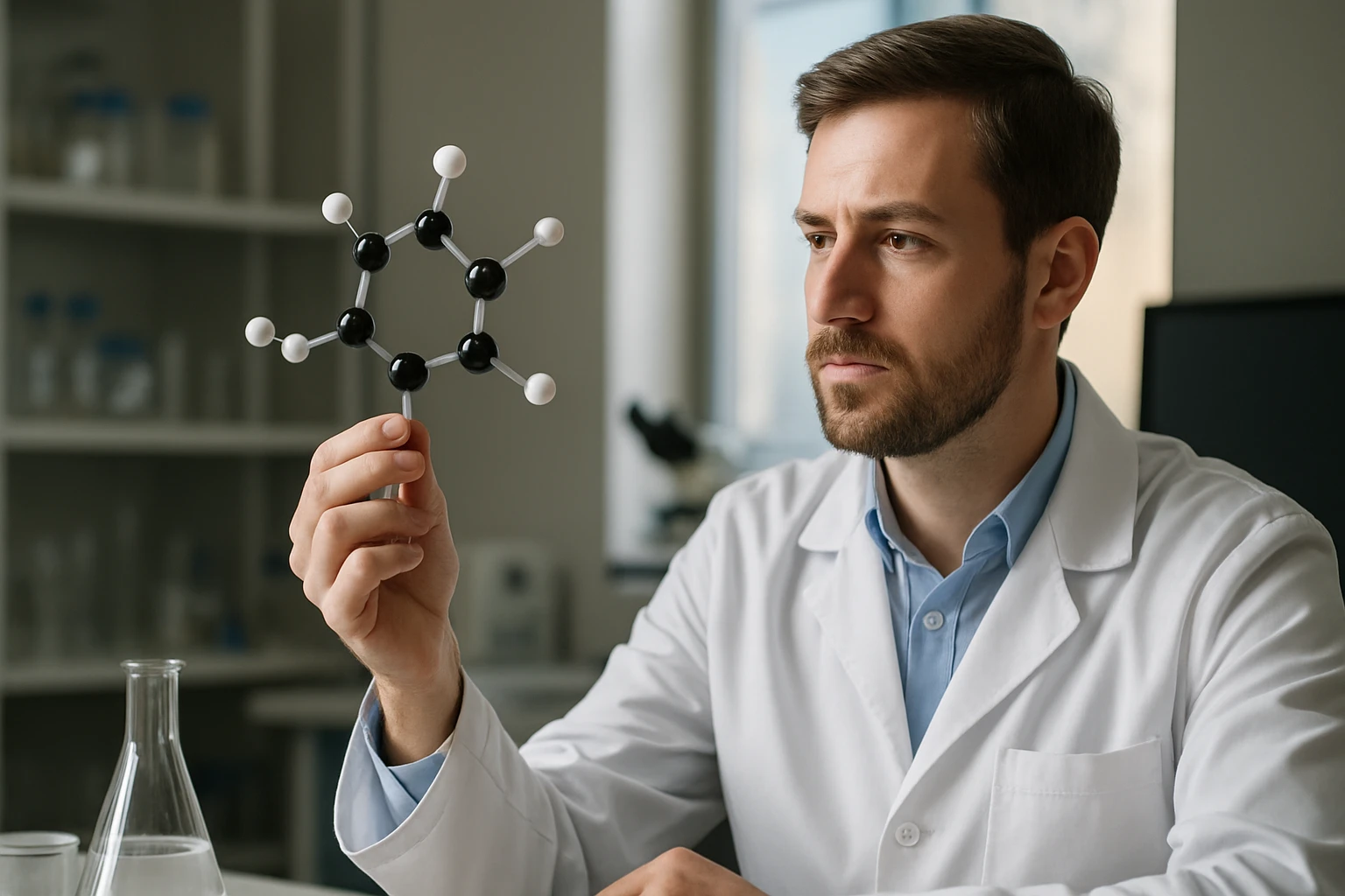 Kémikus a trifenilmetán molekula modellel