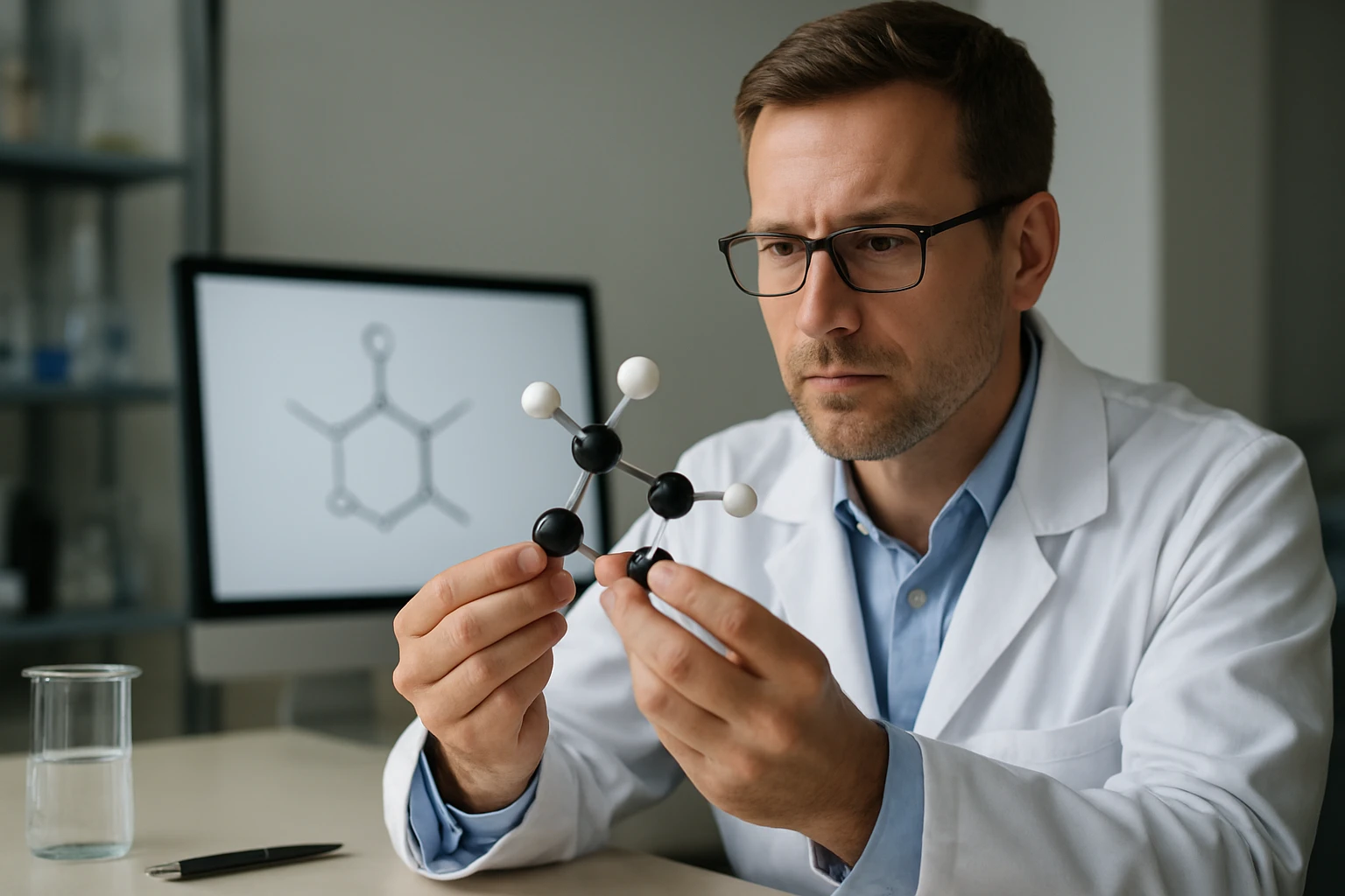 Kutató a trifenilmetilcsoport molekuláris modellezésén dolgozik.