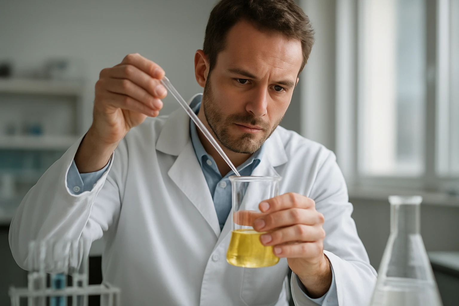 Kémiai kísérlet egy laboratóriumban, triflat vizsgálata