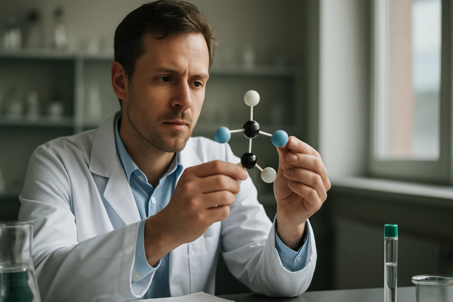 Trifluoramin: Képlet, Tulajdonságok és Szerkezet Bemutatása Kémikus trifluoramin molekulát vizsgál egy laboratóriumban.