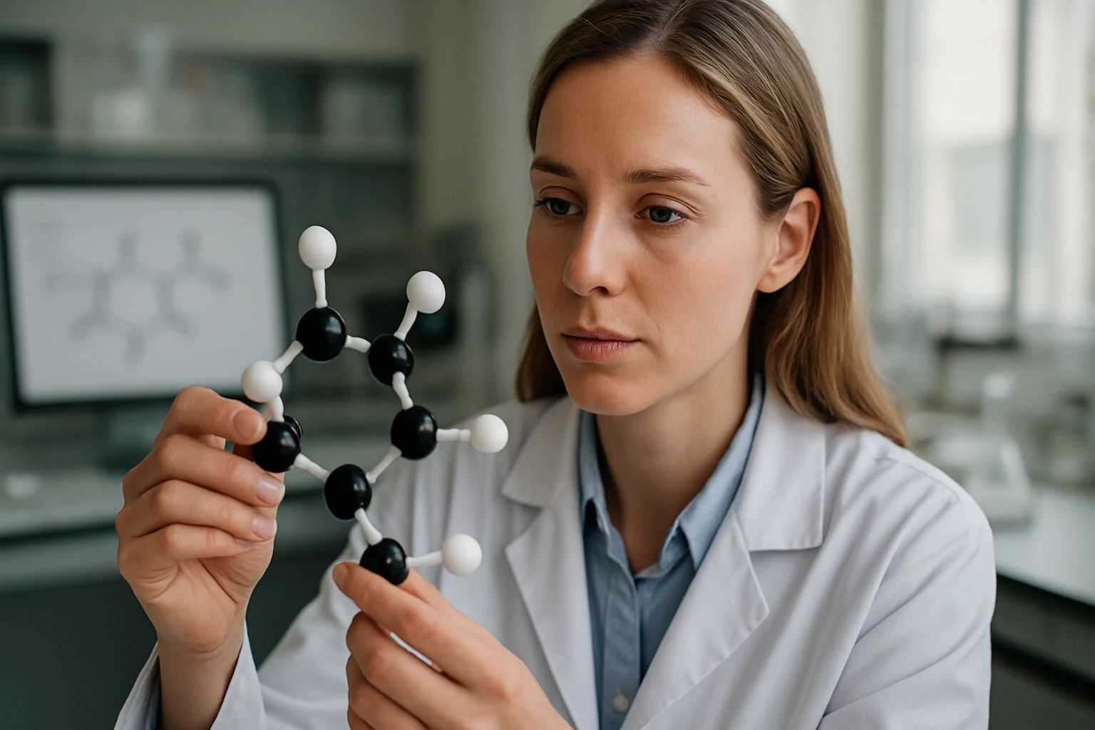 Kémikus figyeli a trihidroxi-propán molekula modellt laboratóriumban.