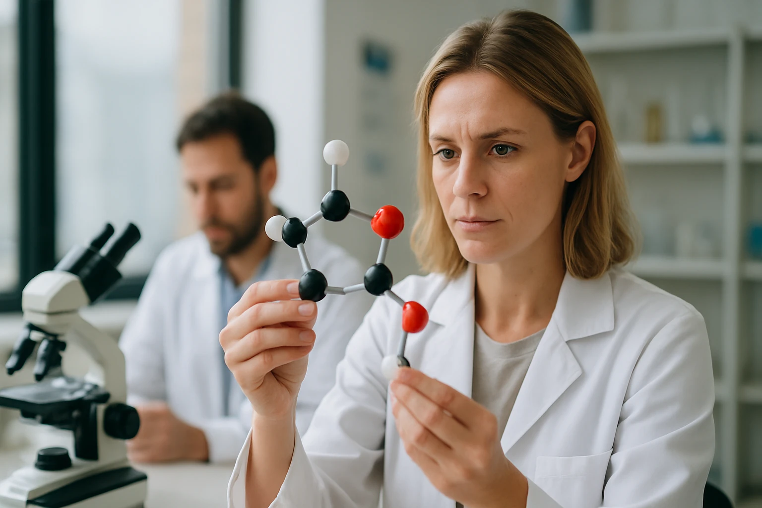 Nő kémiai modell megfigyelése egy laboratóriumban