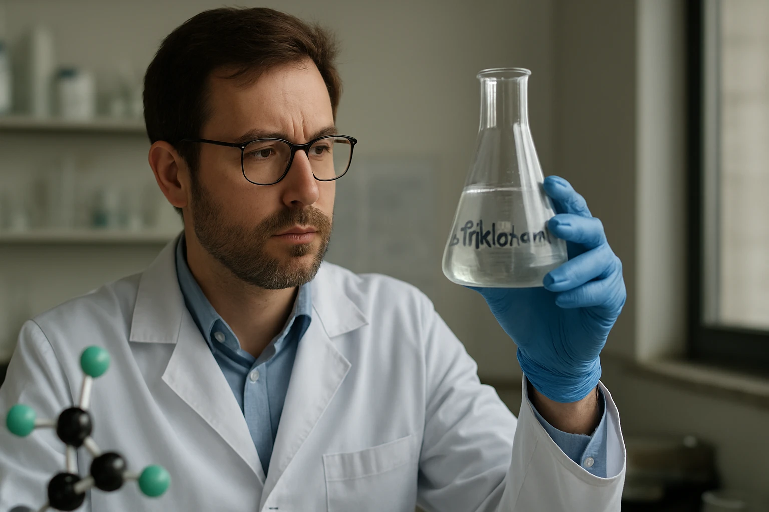 Laboratóriumi kutató triklór-amint vizsgál, kémiai vegyület.