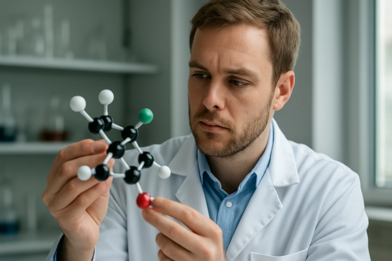 Kémikus a triklor-fenoxiecetsav molekuláját elemzi laboratóriumban.