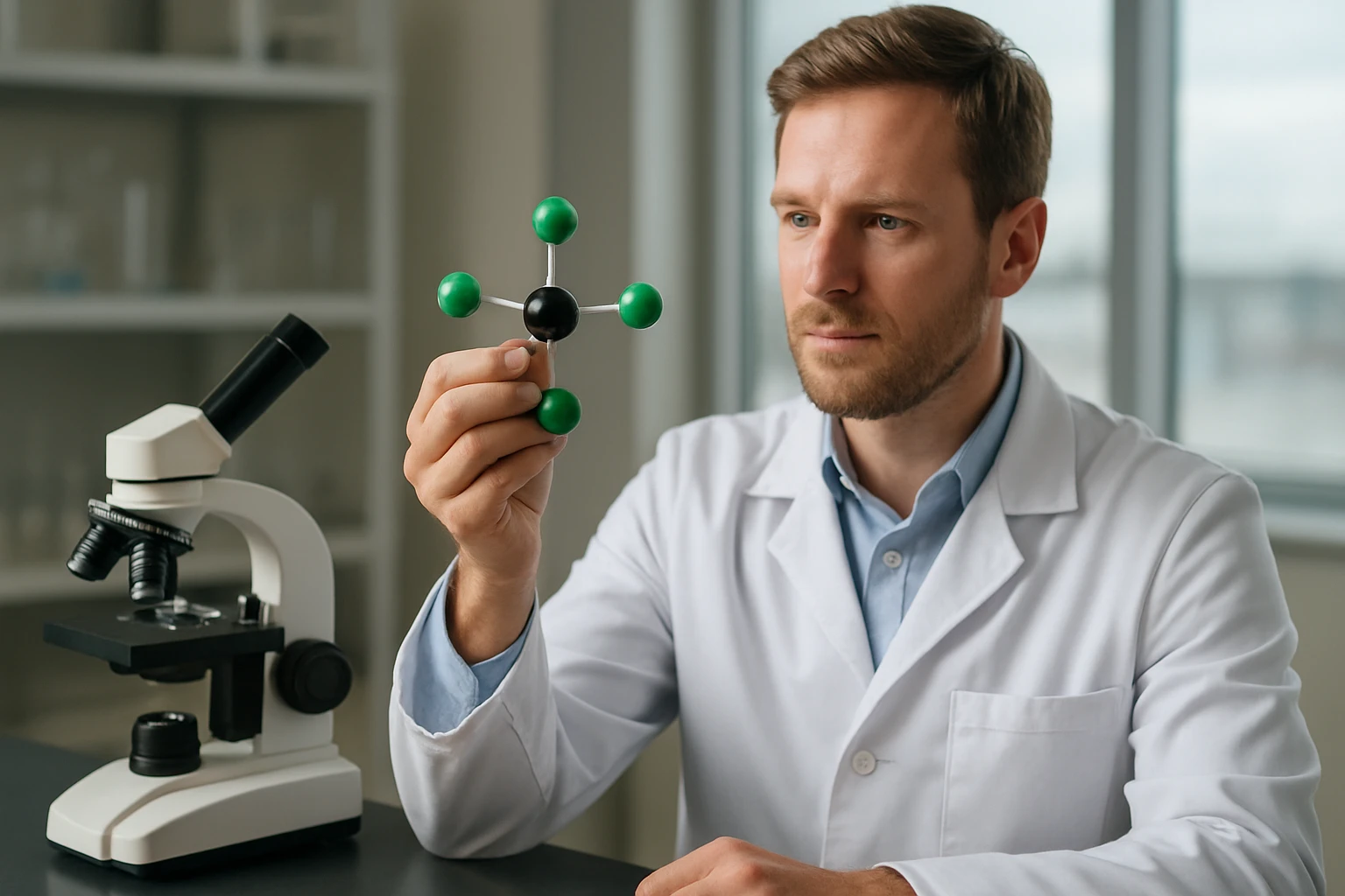 Kémikus triklór-foszfin molekulát vizsgál, mikroszkóppal a háttérben.