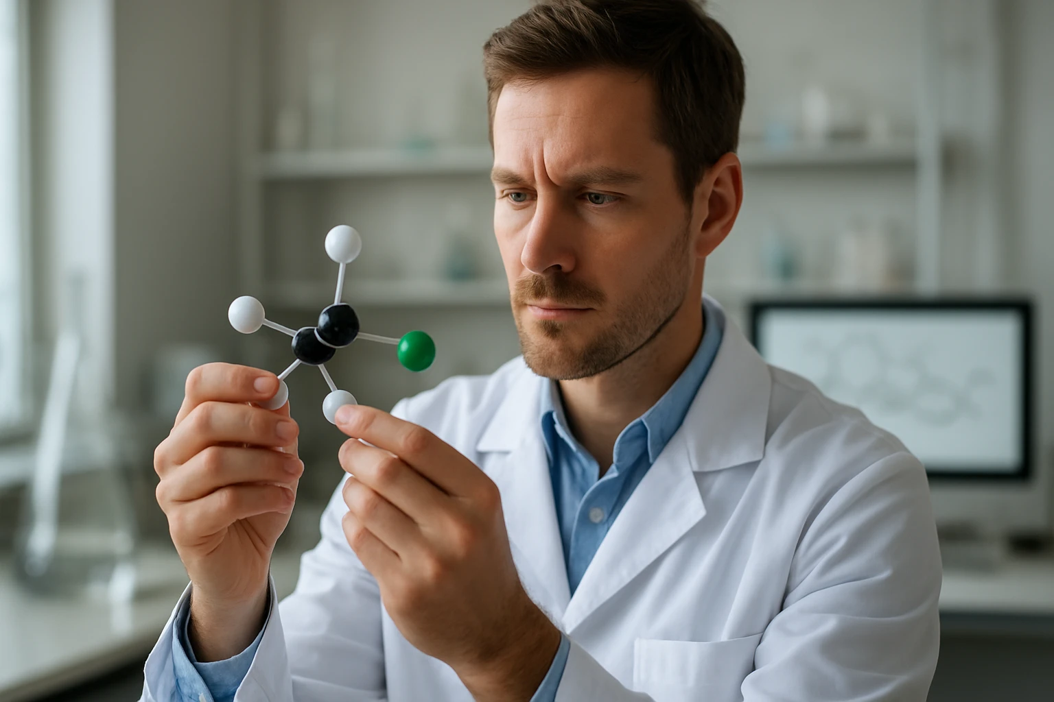 Kémikus a triklórecetsav molekuláris modellt vizsgálja laboratóriumban.