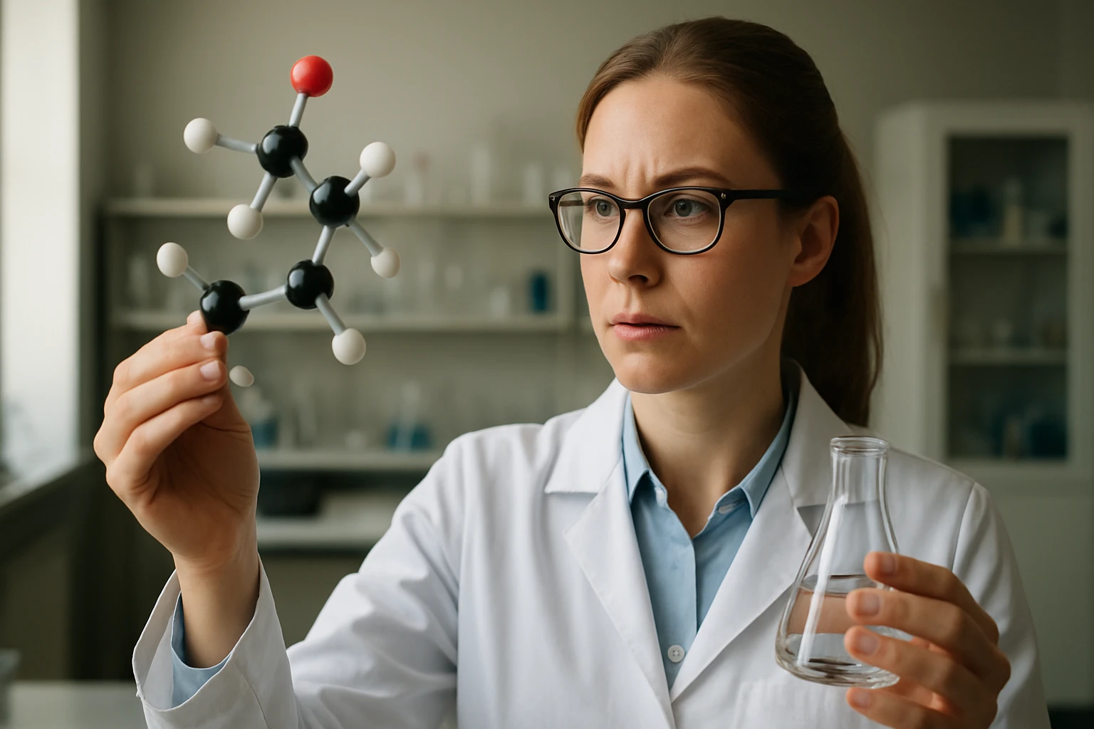 Kémikus a triklorfenol molekuláját elemzi laboratóriumban.