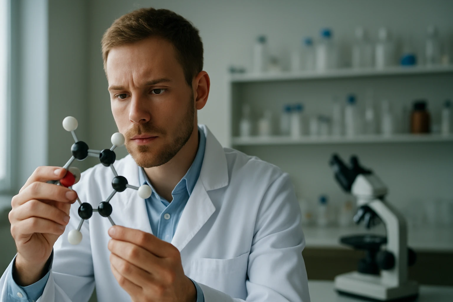 Kutató a trimetil-2-oxabiciklo[2.2.2]oktan molekuláját vizsgálja.