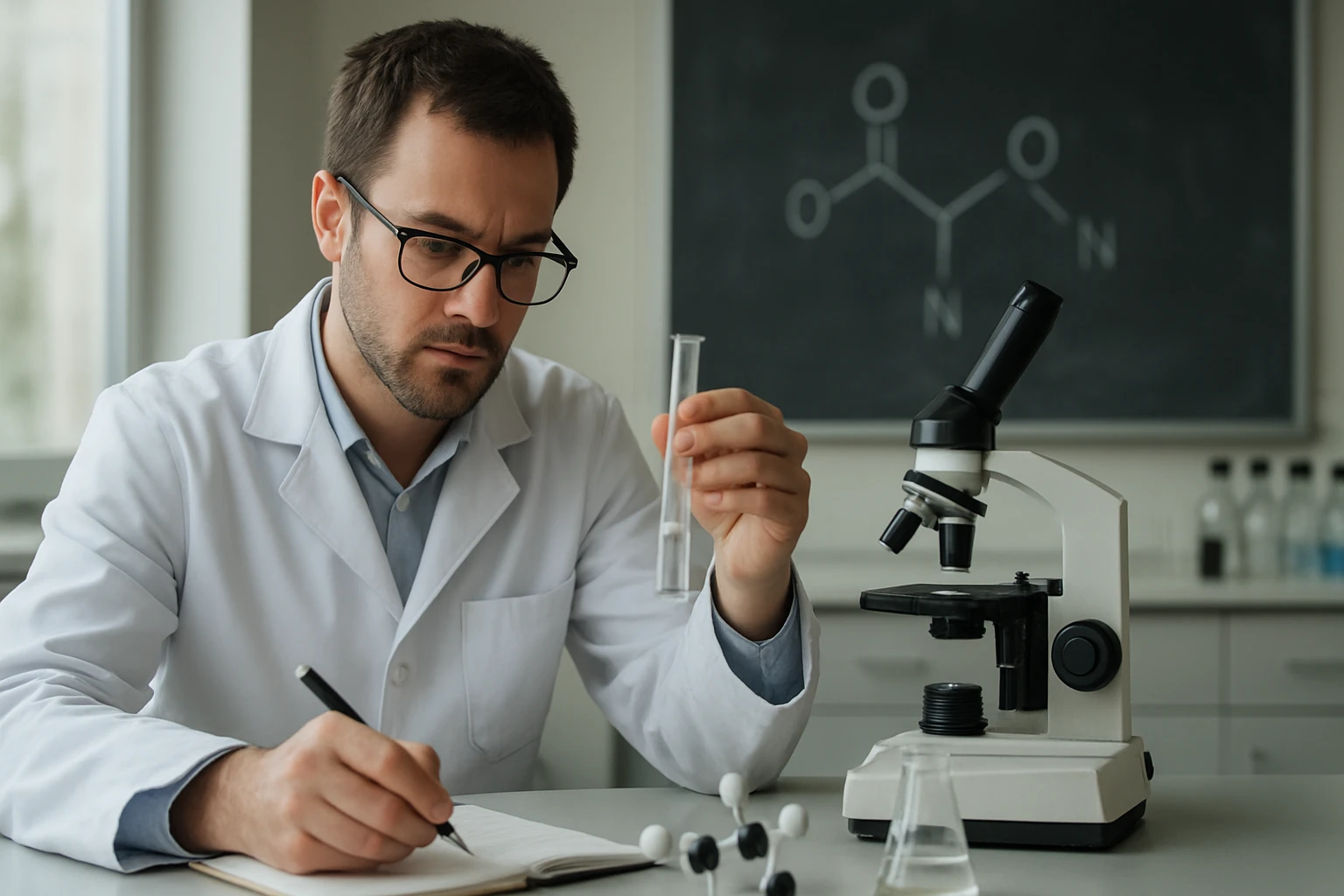 Kémikus laboratóriumban, trimetoxi-fenetilamin kutatás közben.