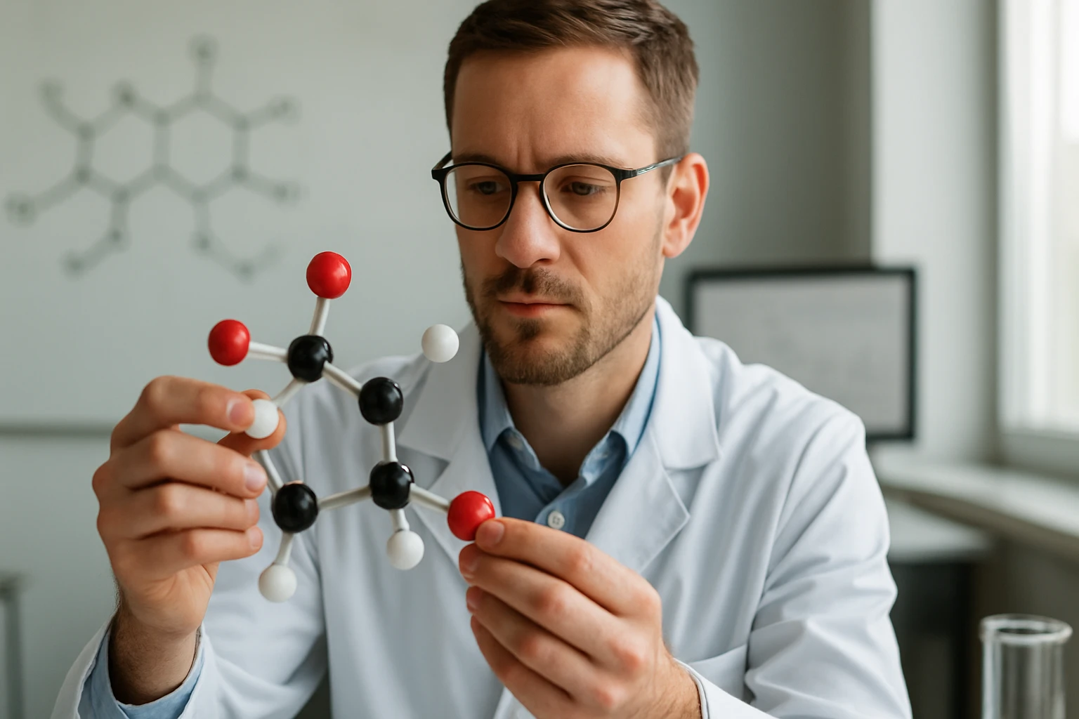 Kémikus vizsgálja a trioxibenzoesav molekulát a laboratóriumban.