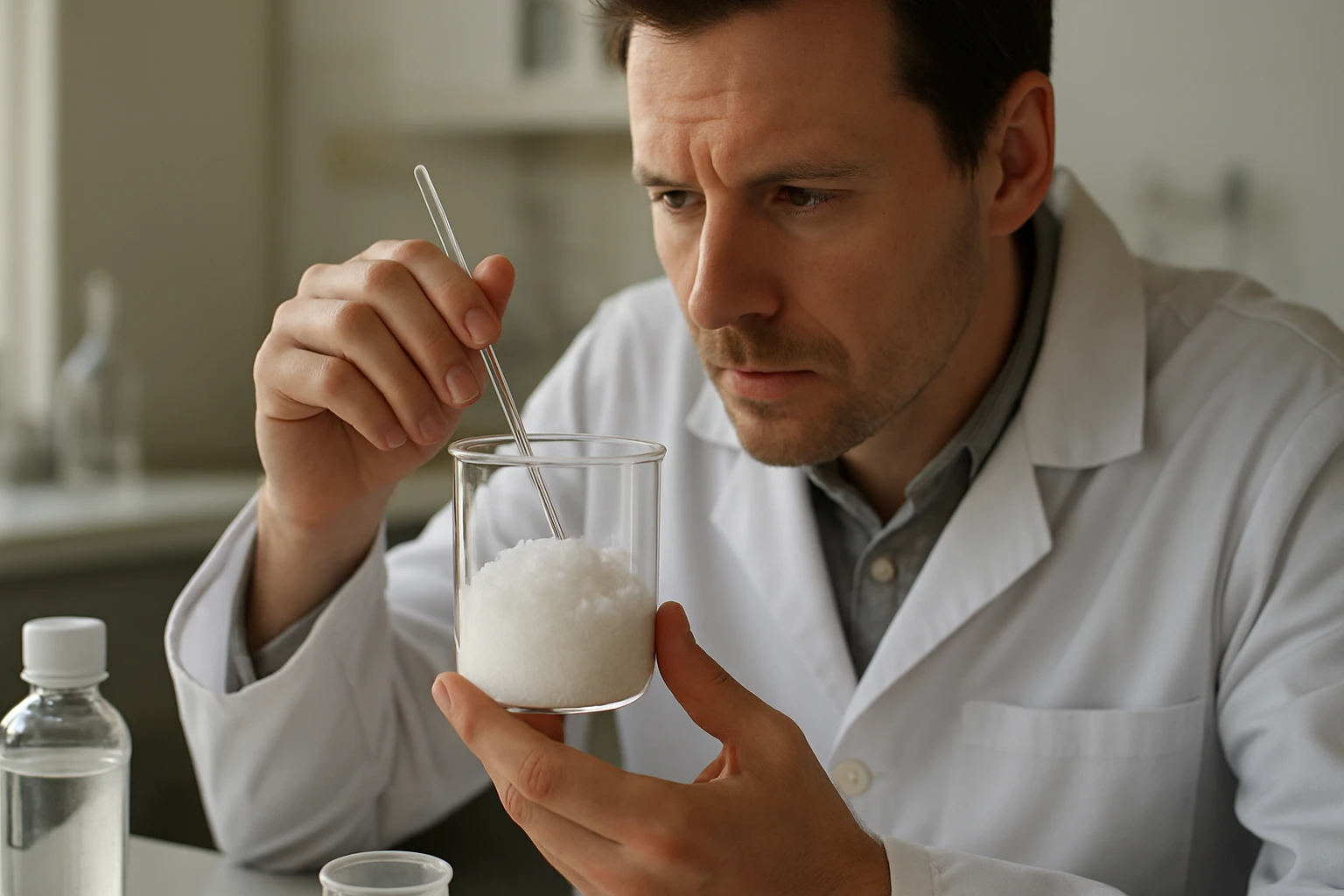 Tudós laborban, aki trisót vizsgál egy kémcsőben.