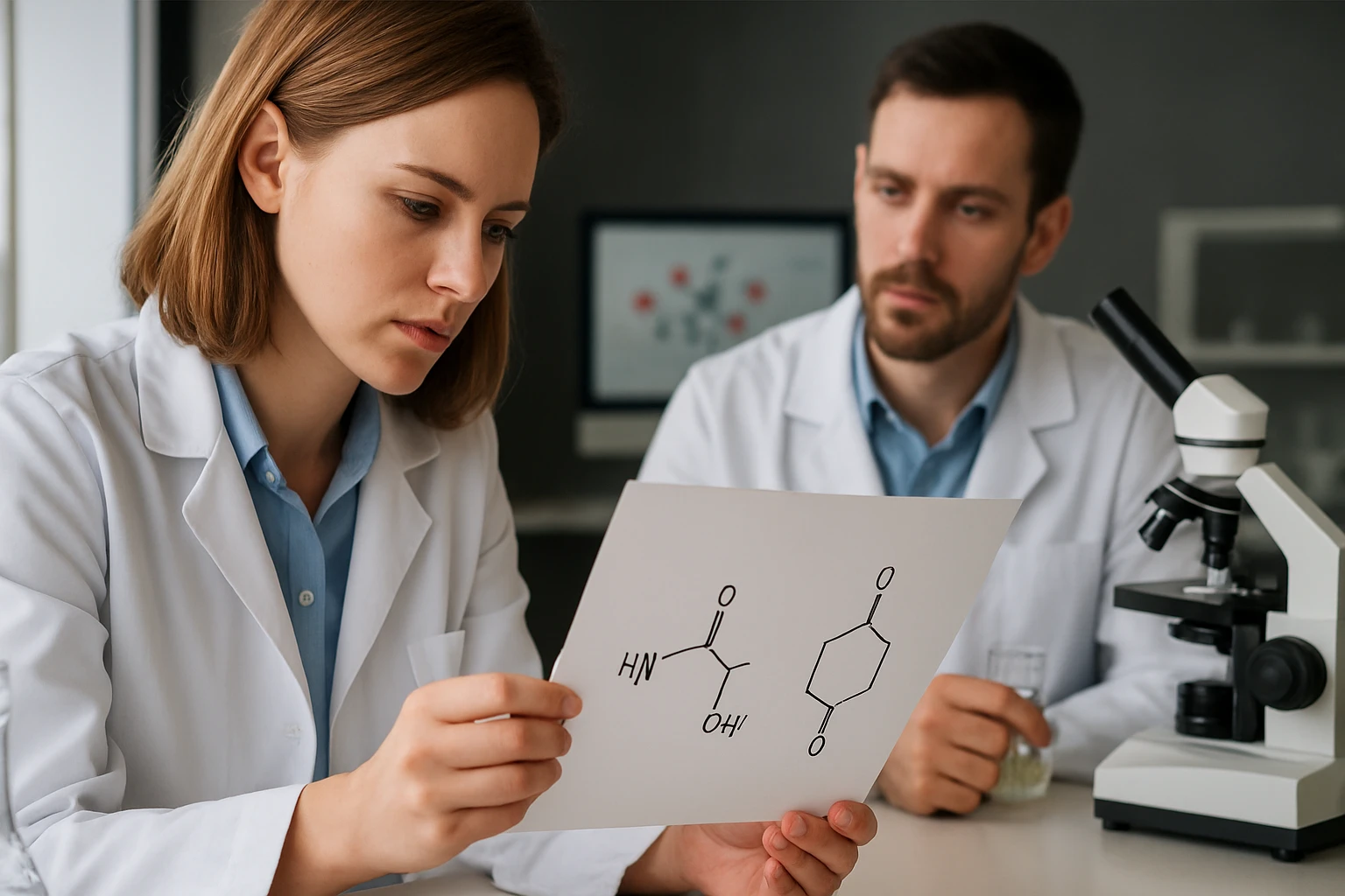 Két kutató a tropásav és tropineszter képleteit vizsgálja laboratóriumban.