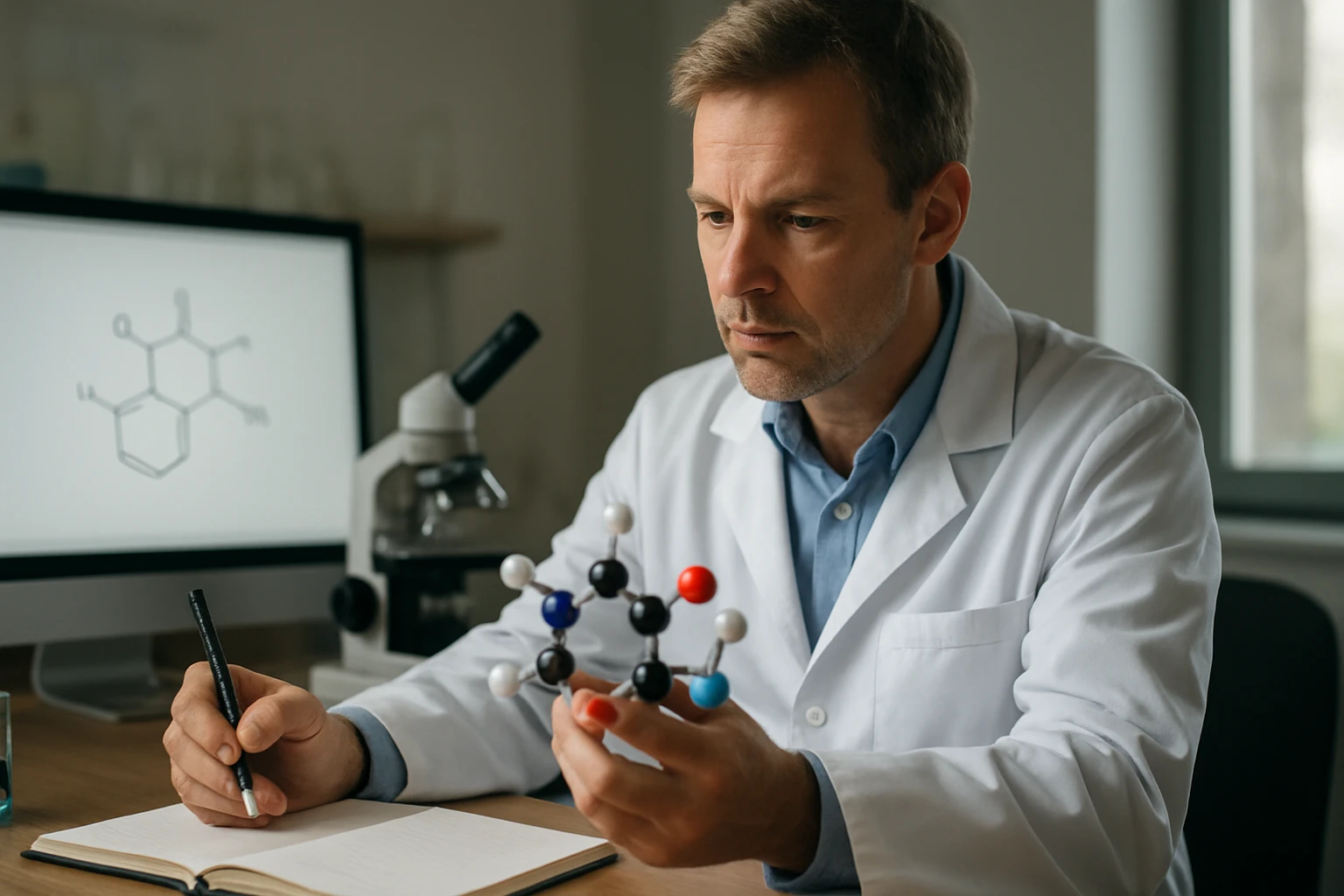 Kutató az ubikinon molekuláját tanulmányozza laboratóriumban.