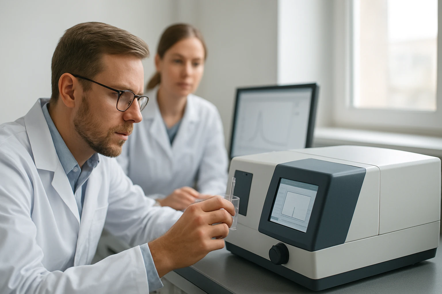 Két tudós az UV-Vis spektroszkópiai méréseket végzi laboratóriumban.