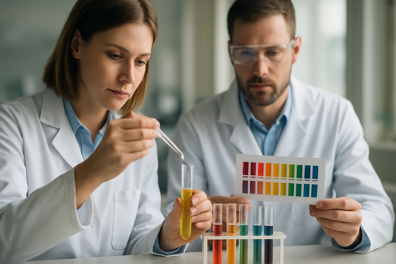 Az univerzális indikátor működése, színei és használati módjai Két laboratóriumi munkatárs színes pH indikátorokat vizsgál.