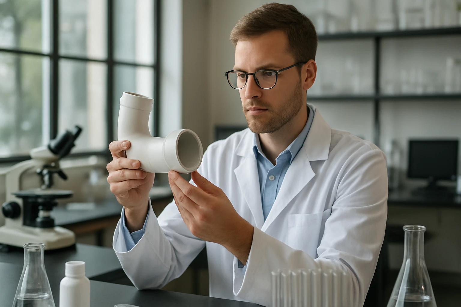 A laboratóriumban egy kutató UPVC csövet vizsgál.