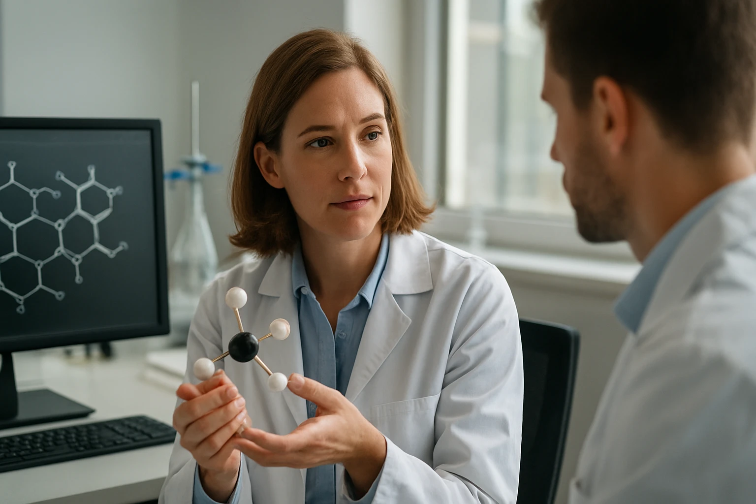 Kémikus nő bemutatja az urán-fluorid molekulát egy laborban.