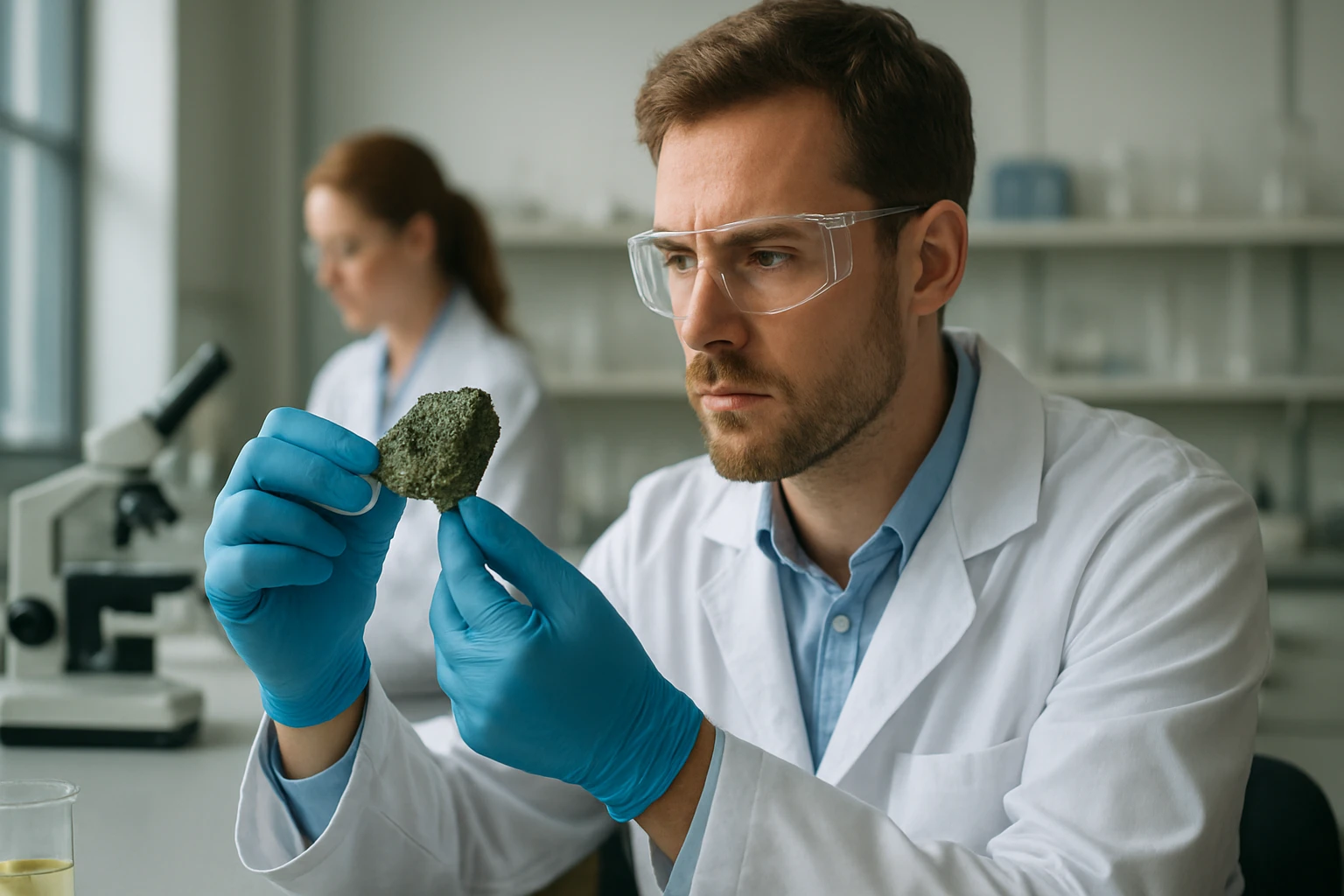 Kémikus uránt vizsgál egy laboratóriumban, háttérben mikroszkóp.