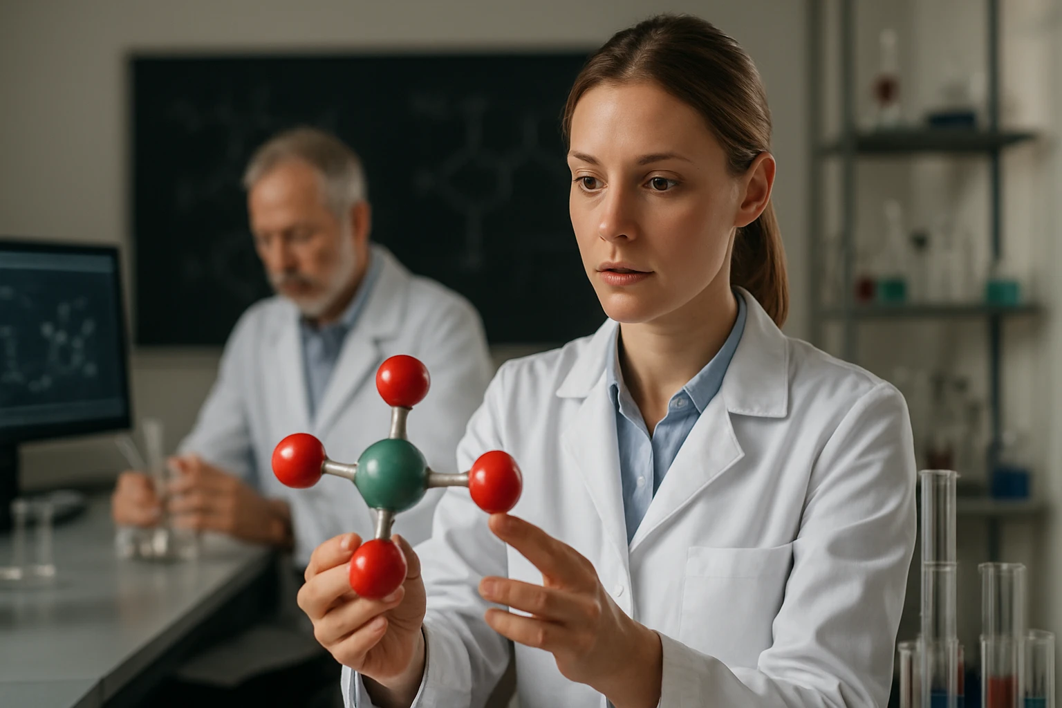 Kémikus urán-oxid molekulát elemez laboratóriumban.