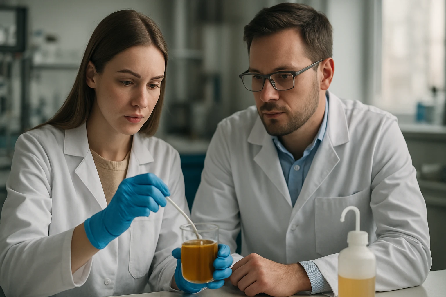 Két kutató uretán gyantát vizsgál laboratóriumban.