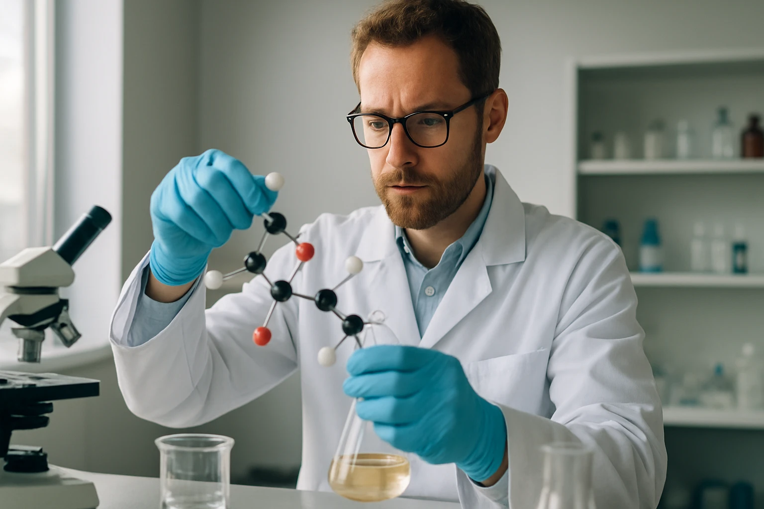 Kémikus uretán molekulát vizsgál a laborban.