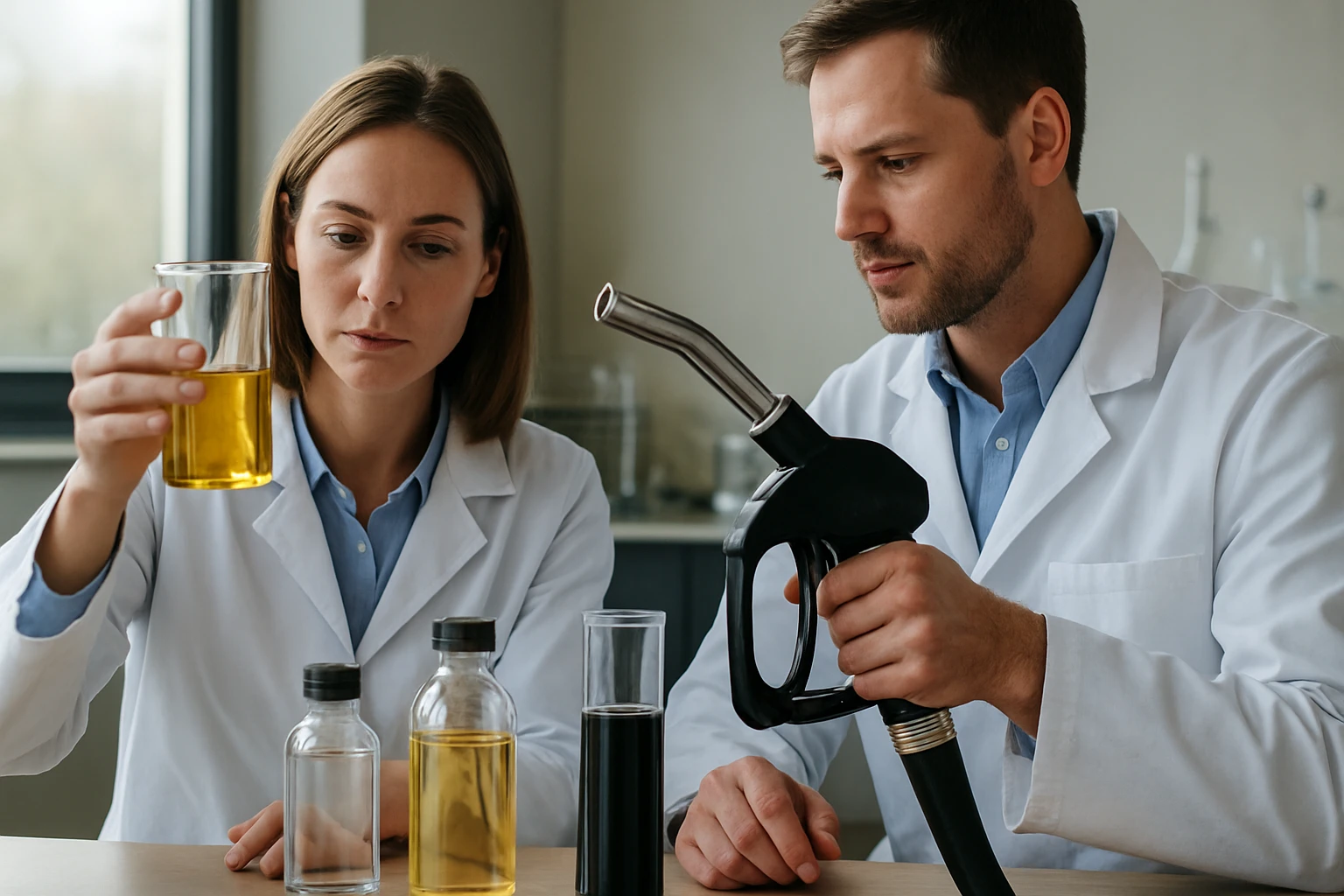 Két kutató üzemanyagok jellemzőit elemzi laboratóriumi környezetben.
