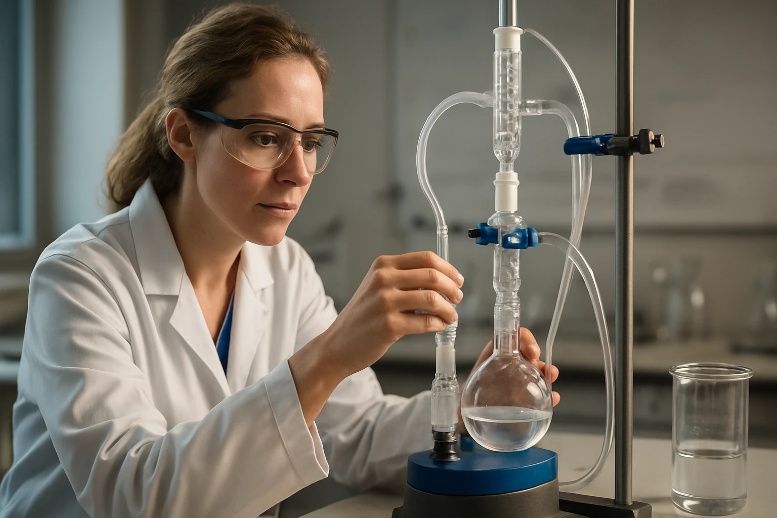 Vákuumdesztilláció laboratóriumban, kémiai folyamat során.