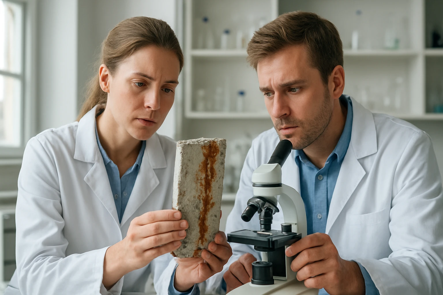 Két kutató elemzi a vályatkorroziós mintát laboratóriumban.