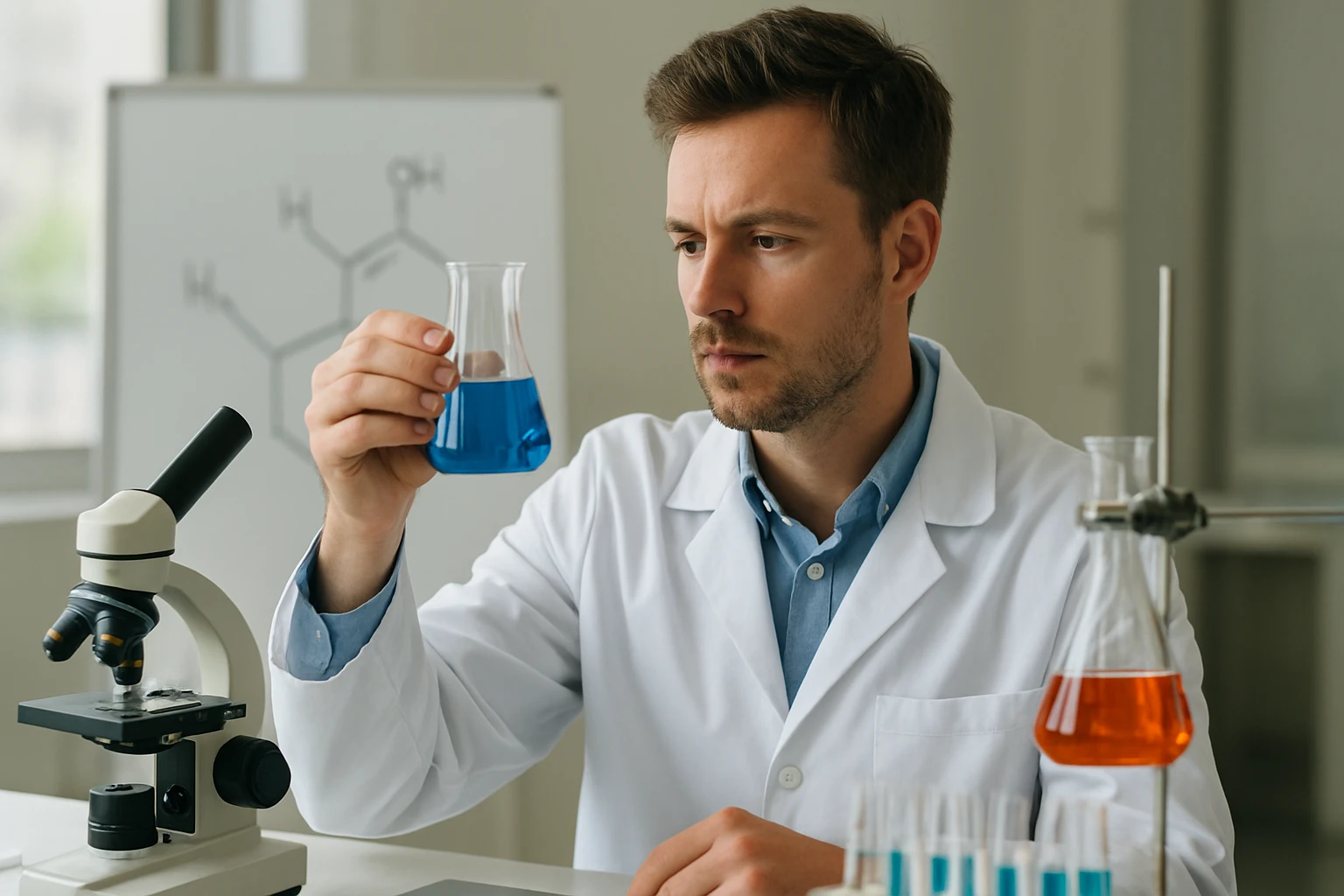 Laboratóriumi kísérlet vanádiumsavakkal, a kémia tudományának bemutatása.