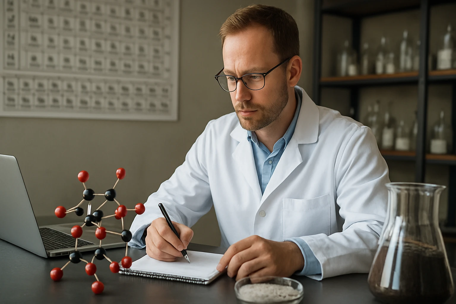 Kémiai kutató a vas-titanát tulajdonságainak elemzésén