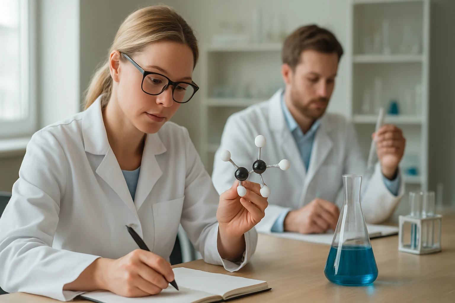Két tudós laboratóriumban, a vastimsó kémiai jellemzőit tanulmányozzák.