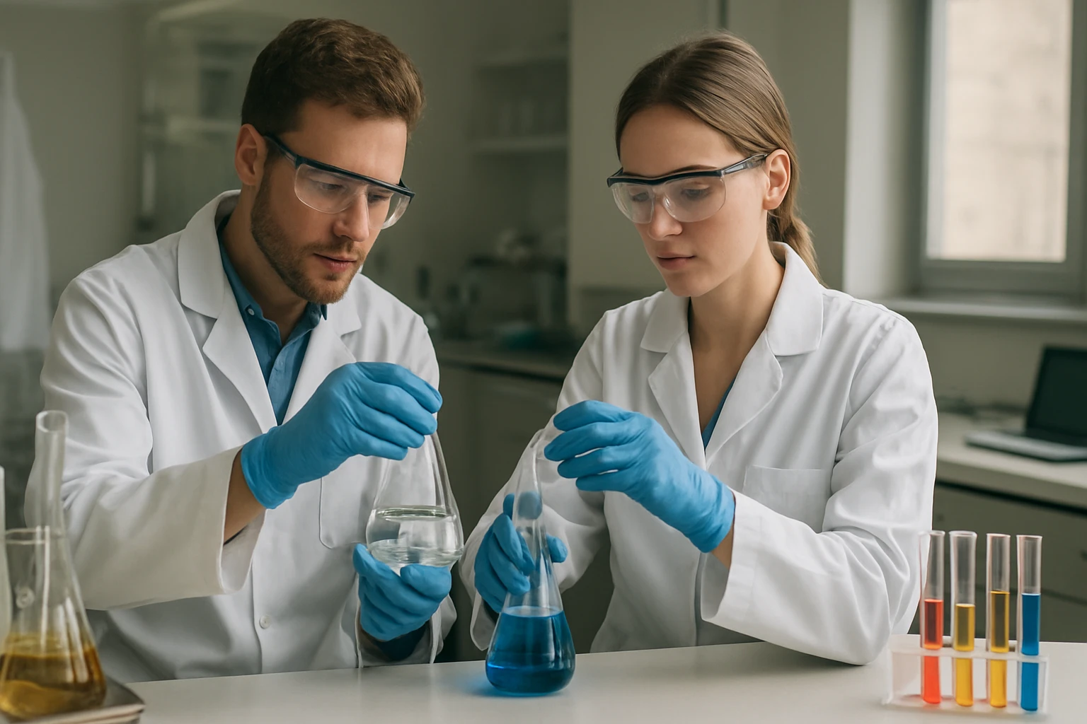 Kutatók vegyi kikészítő laboratóriumban anyagfldolgozás során.