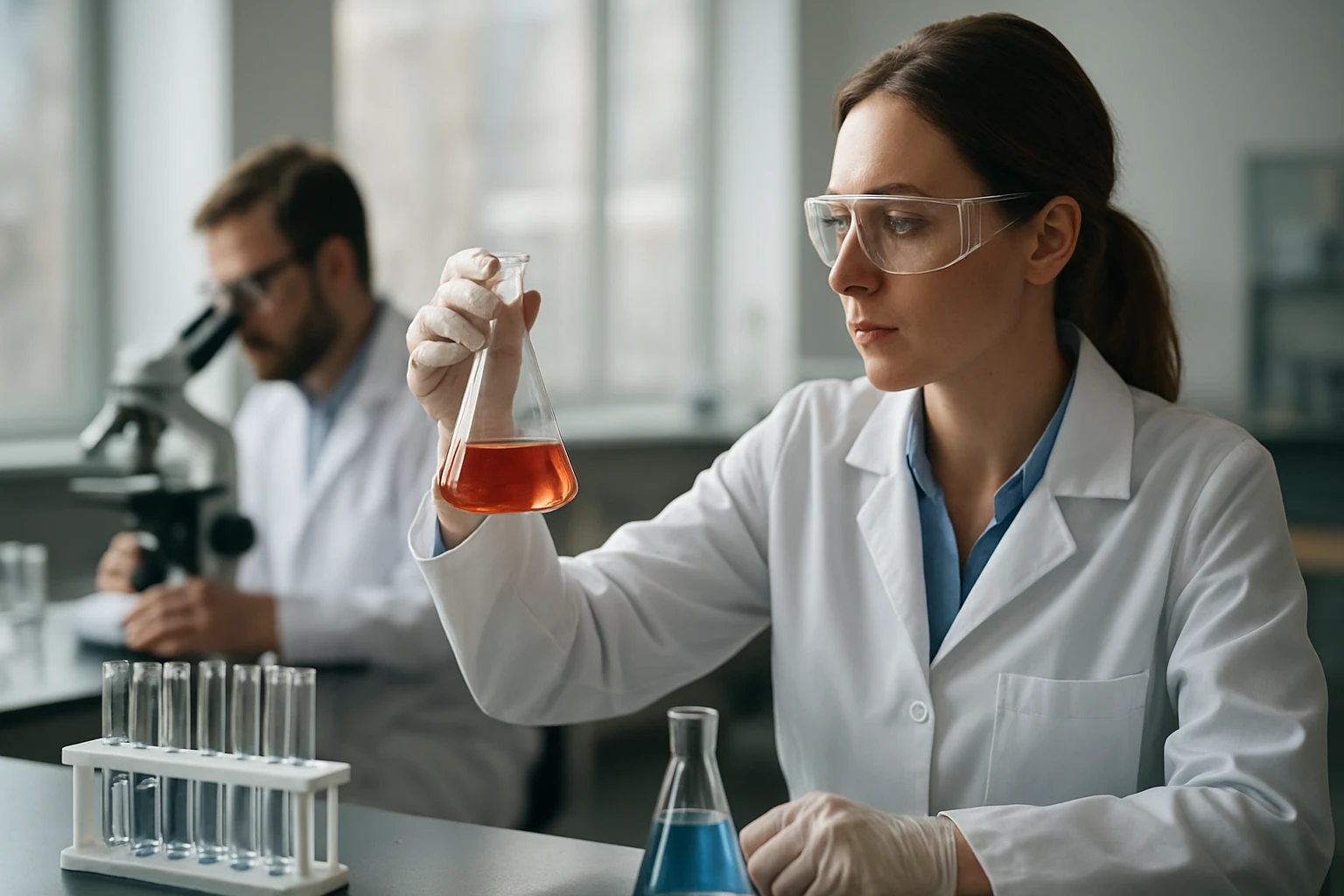 Kémikus a laborban, vas(II) vegyületek vizsgálata.