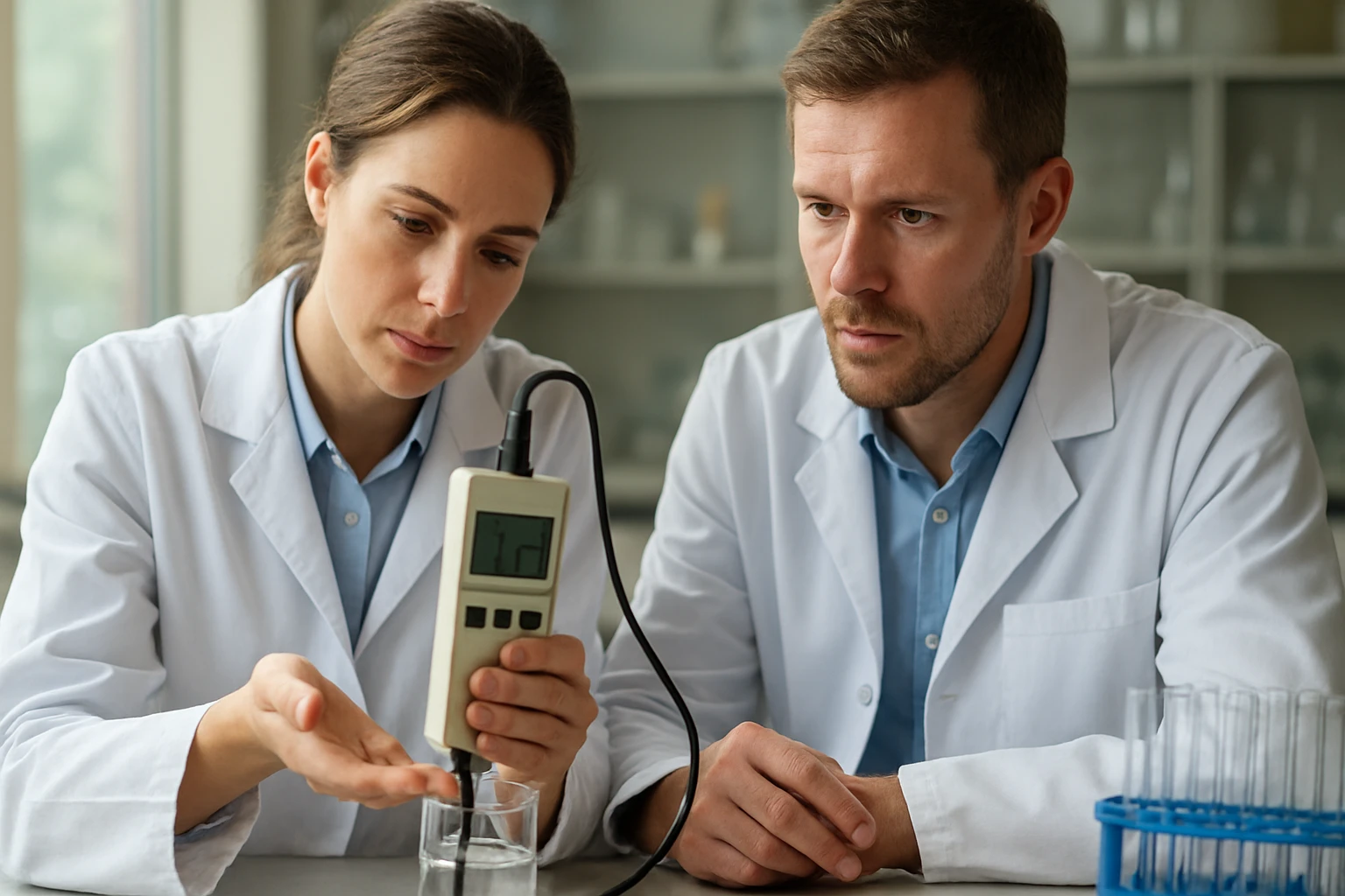 Két kutató a vezetőképesség mérését végzi laboratóriumban.