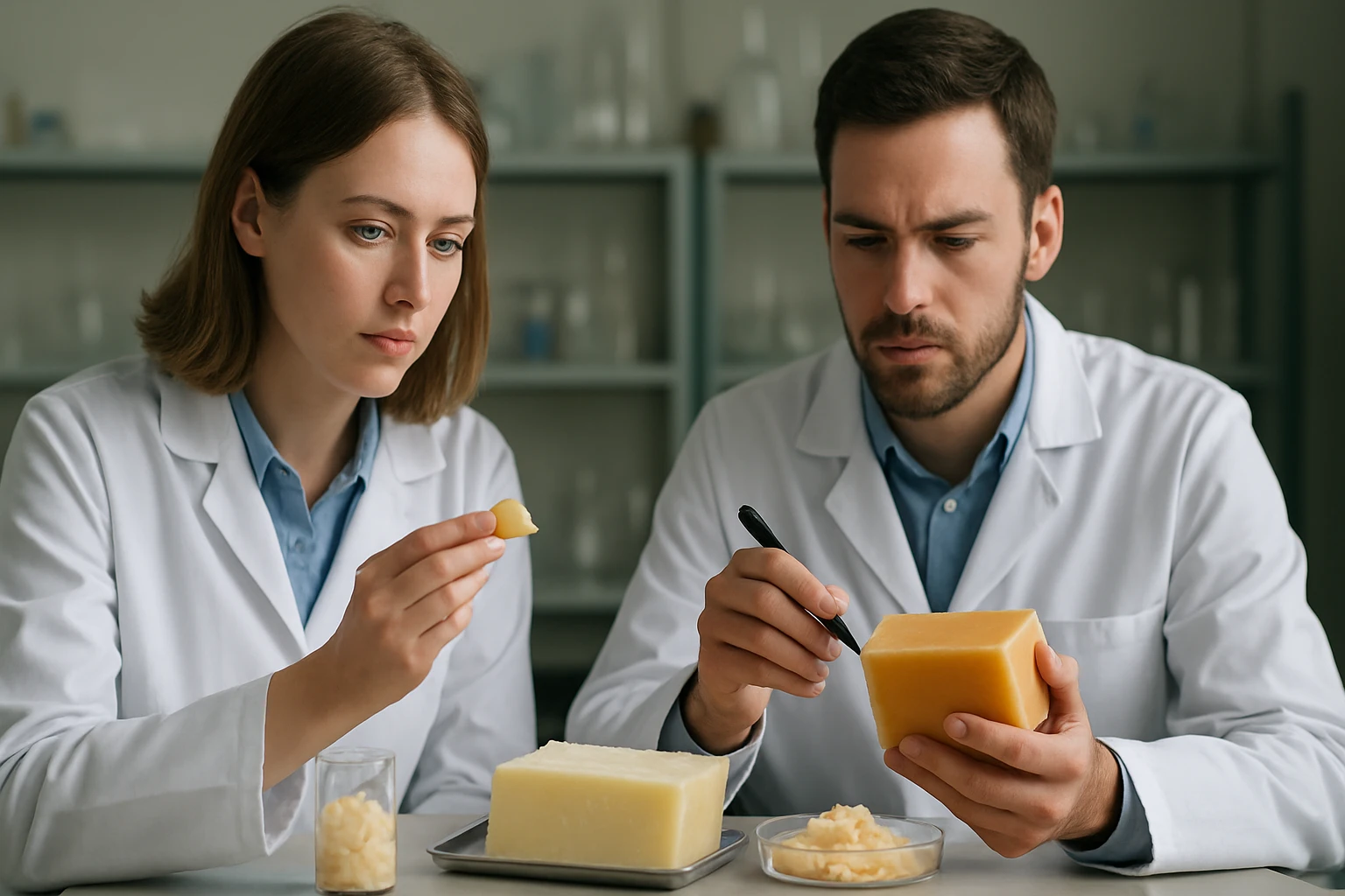 Két tudós viaszváltozatokat elemez laboratóriumi környezetben.