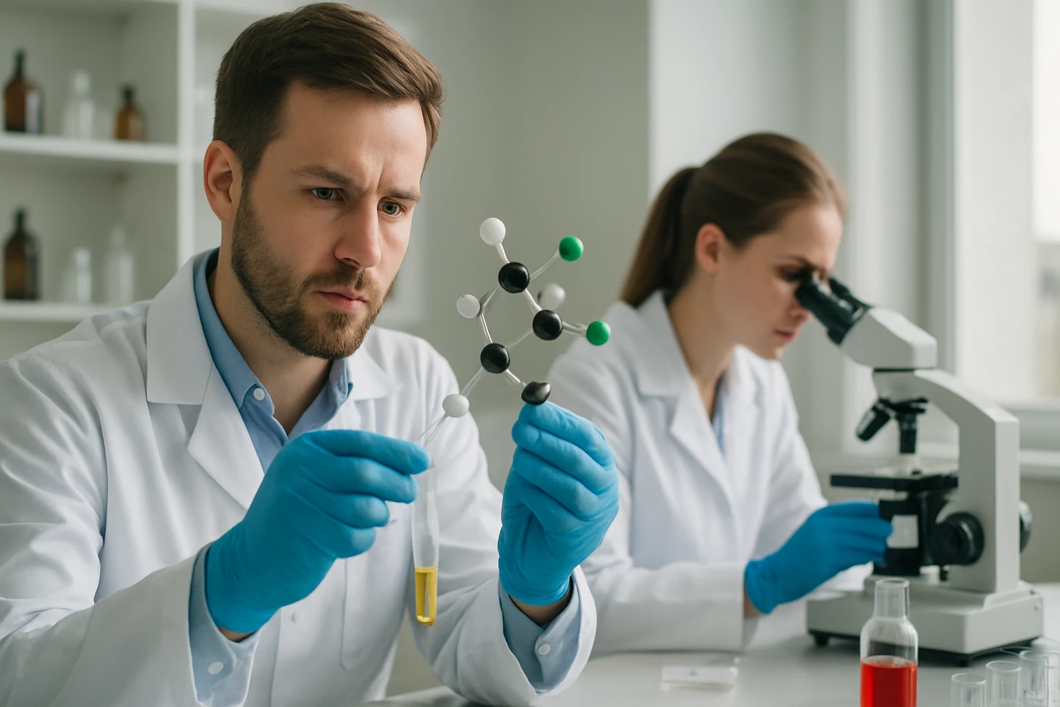 Kémikusok dolgoznak vic-dihalogenidek modellezésén laboratóriumban