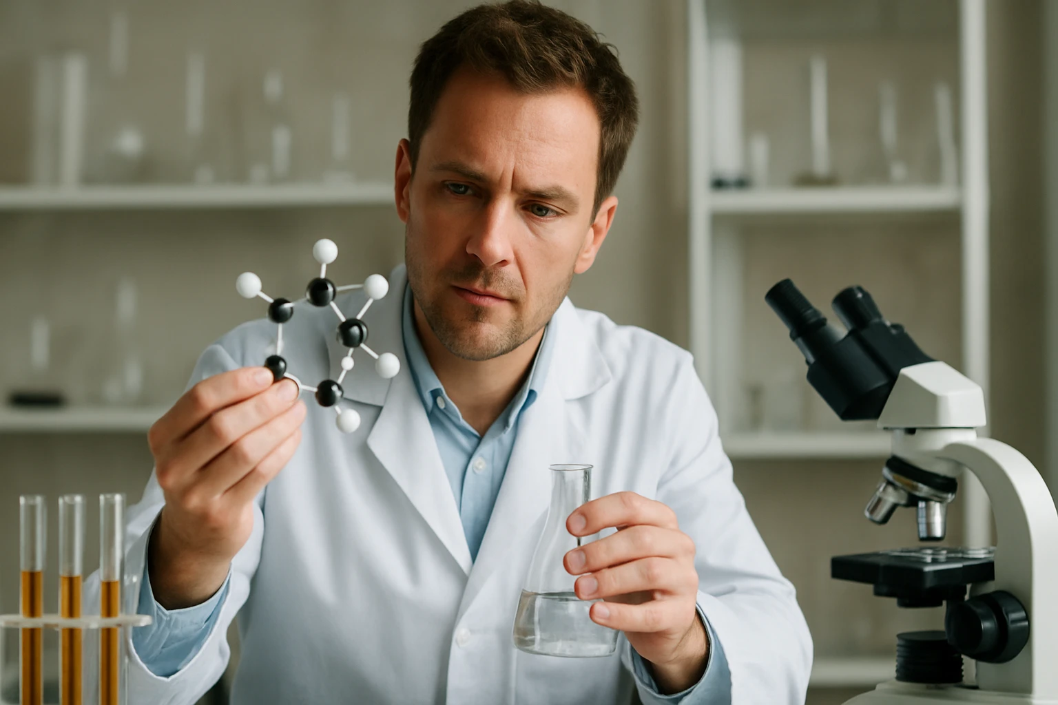 Kémikus a vicinalis trimetil-benzol molekuláját vizsgálja laboratóriumban.