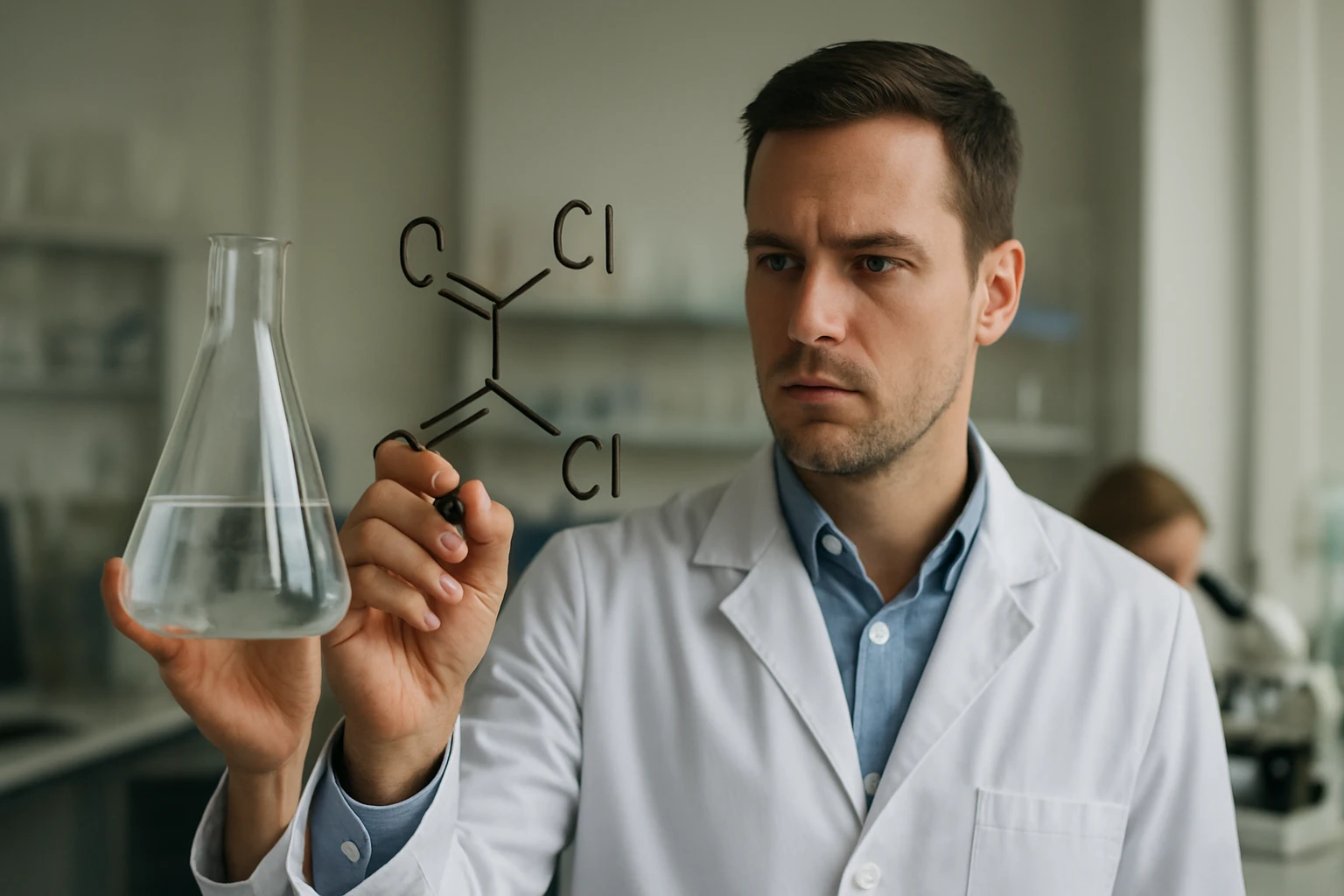 Kémikus vinil-klorid molekulát vizsgálva laboratóriumban.