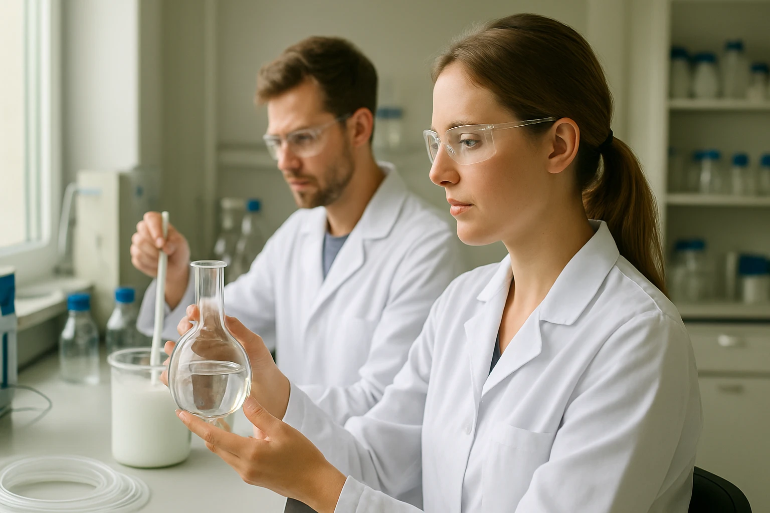 Kémiai kísérlet folyamatban: laboratóriumi kutatók dolgoznak