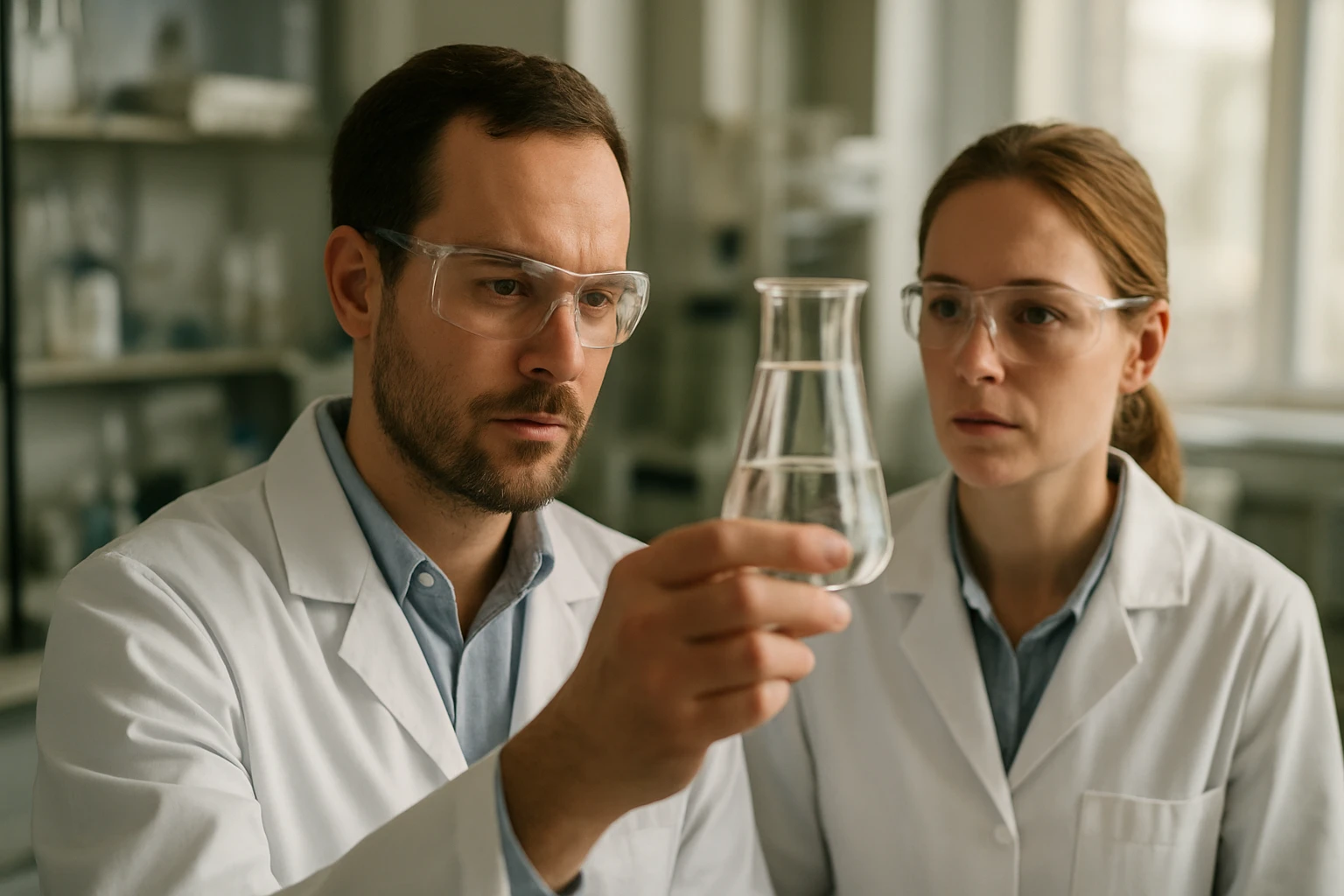 Két tudós laboratóriumban, kémcsövet vizsgálva