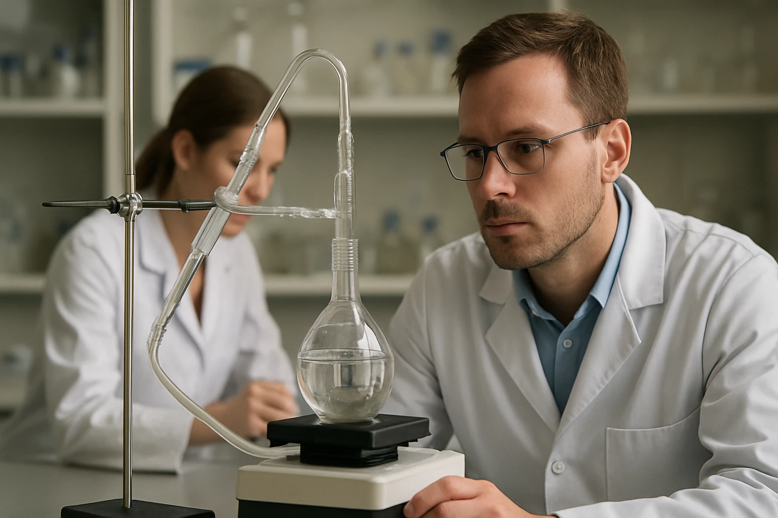 Laboratóriumi kísérlet vízgőz-desztillációval, tudósokkal.